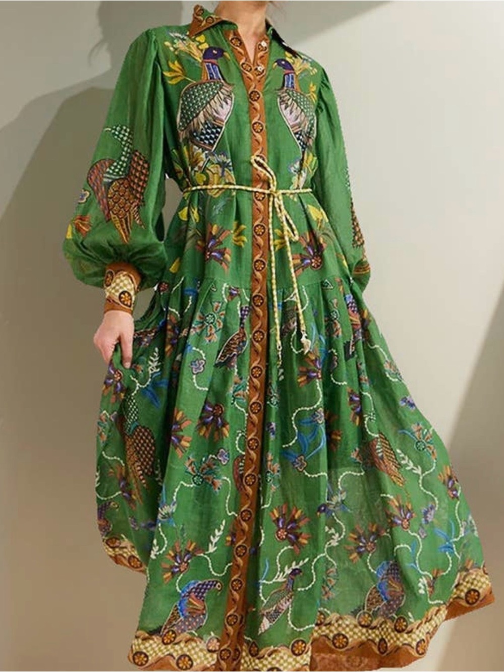 Boho Green Floral & Bird Print Maxi Shirt Dress Fall 2026 L - Picture 13 of 16